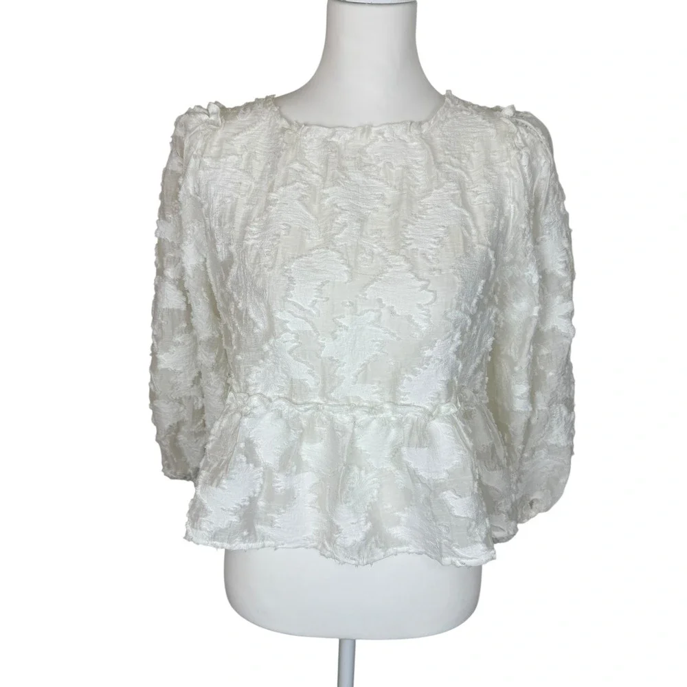 Free People Callie White Floral Applique Peplum‎ Blouse Tie Back Puff Sleeve M